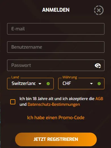 Registrierungsformular – Spielerkonto mit E-Mail-Adresse und Passwort erstellen